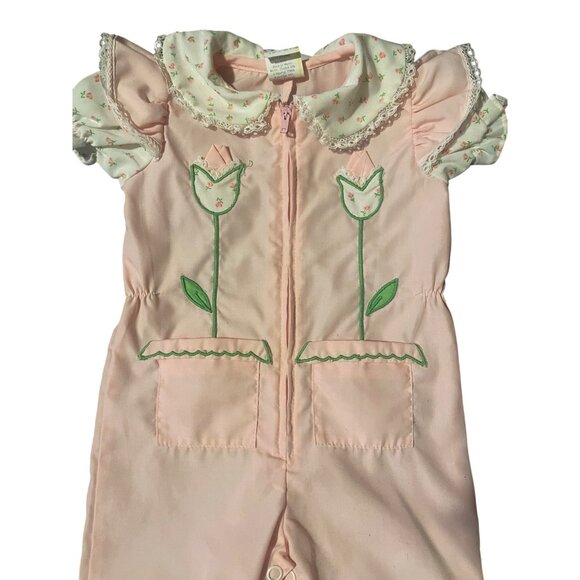 Vintage Pink Baby Jumper With Tulip Embroidery & Front Pockets 0-3 Months - Picture 2 of 6